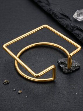 Gold Square Cuff Bracelet Geometric Open Wire Bangle Circle Architectural 2.4"